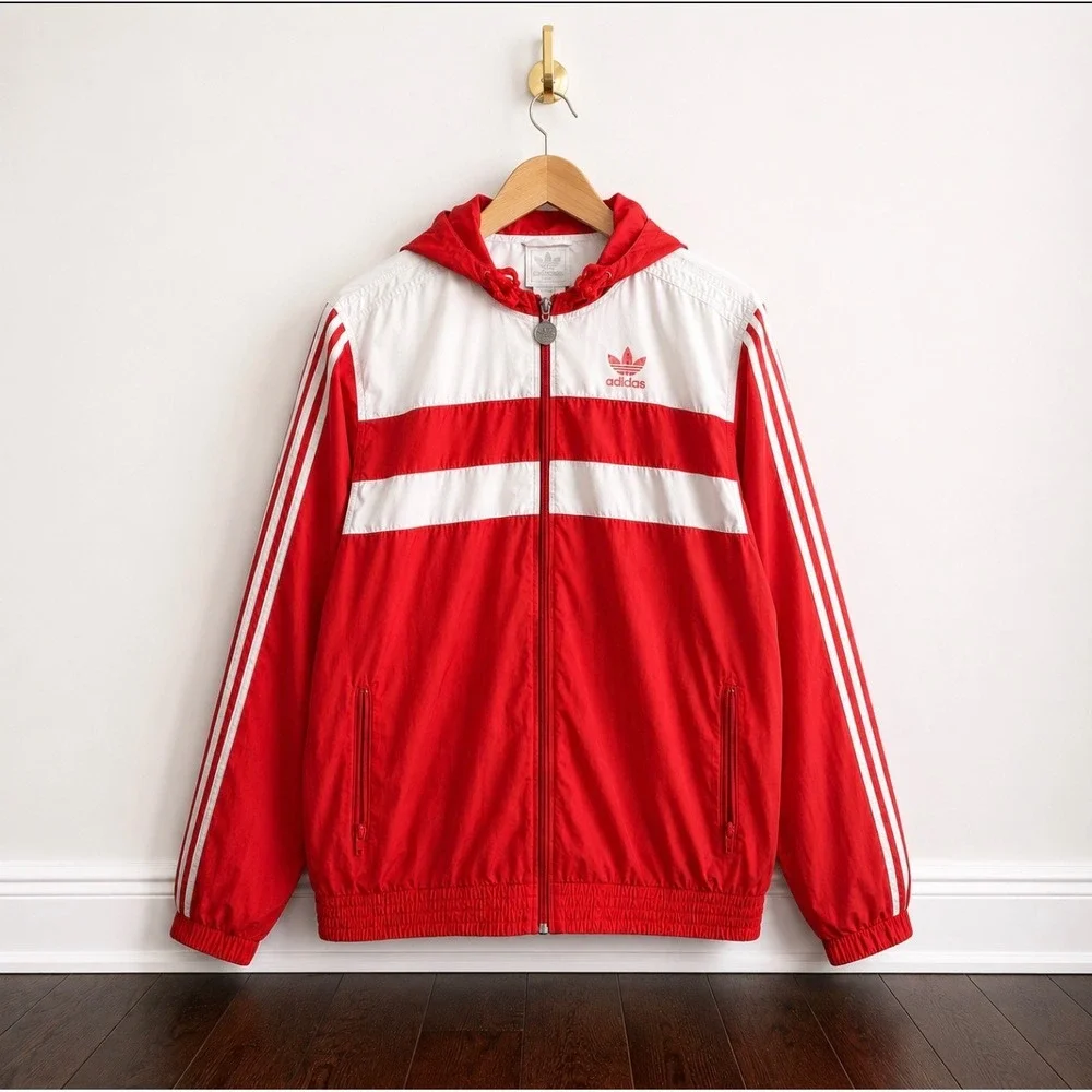 Adidas Originals Mens Red White Colorblock Hooded Windbreaker Jacket Medium